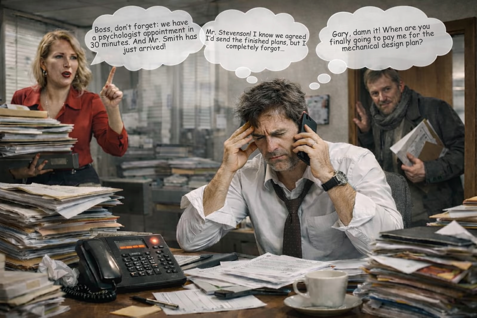 Office chaos without a CRM system – overwhelmed small business owner